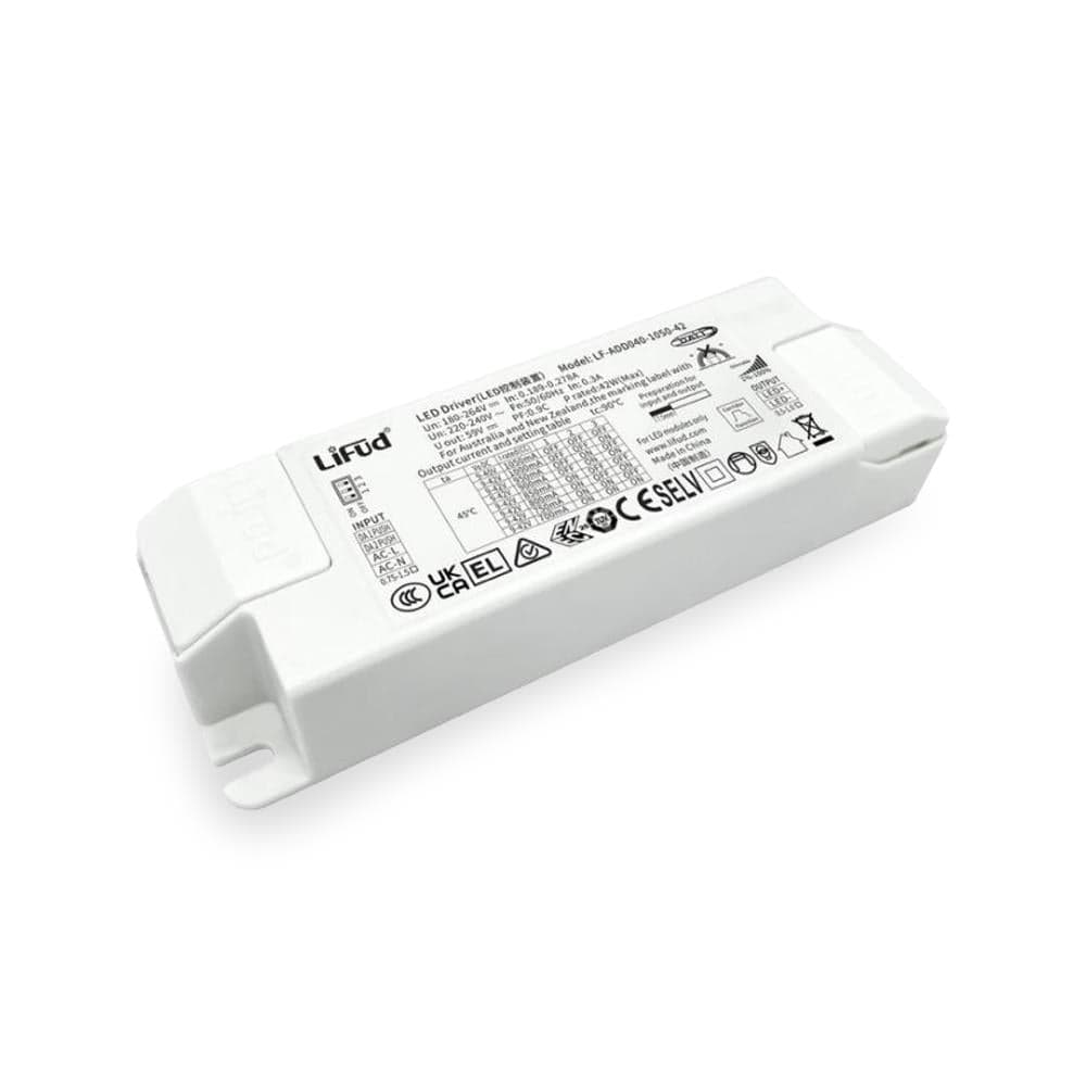 Driver Lifud 40W Salida:
9-40V 700-1050mA Dimable DALI/PUSH IP20