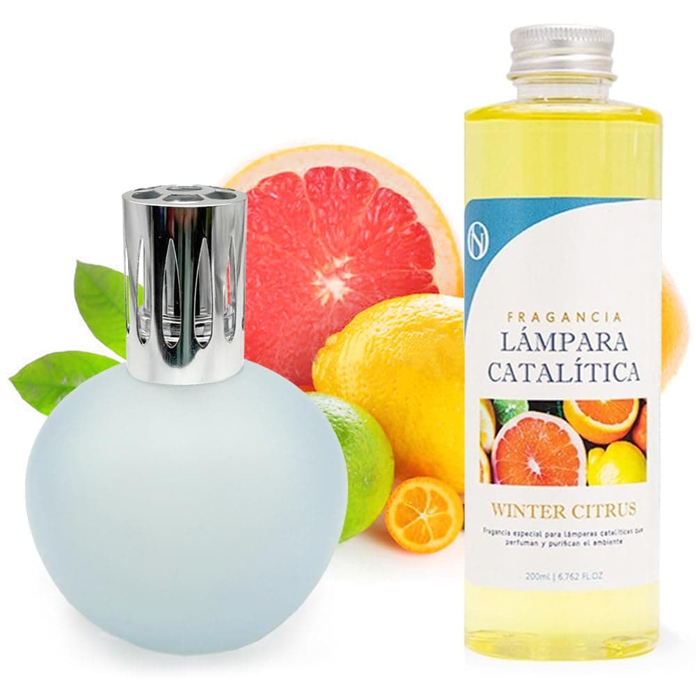 Lámpara Catalítica Azul Grisáceo Mate + Aroma Winter Citrus 200ml - Elimina Malos Olores, Impurezas Y Perfuma