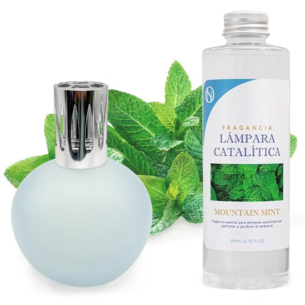 Lámpara Catalítica Azul Grisáceo Mate + Aroma Mountain Mint 200ml - Elimina Malos Olores, Impurezas Y Perfuma