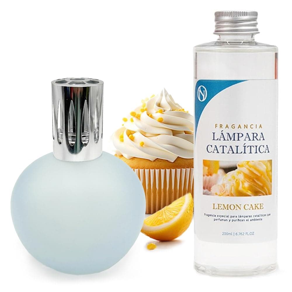 Lámpara Catalítica Azul Grisáceo Mate + Aroma Lemon Cake 200ml - Elimina Malos Olores, Impurezas Y Perfuma