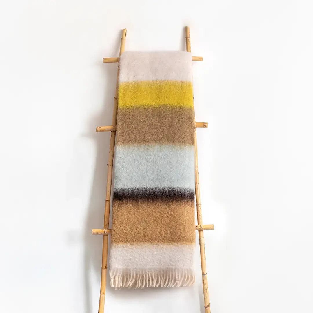 Manta Mohair Rayas Amarillo Negro y Celeste