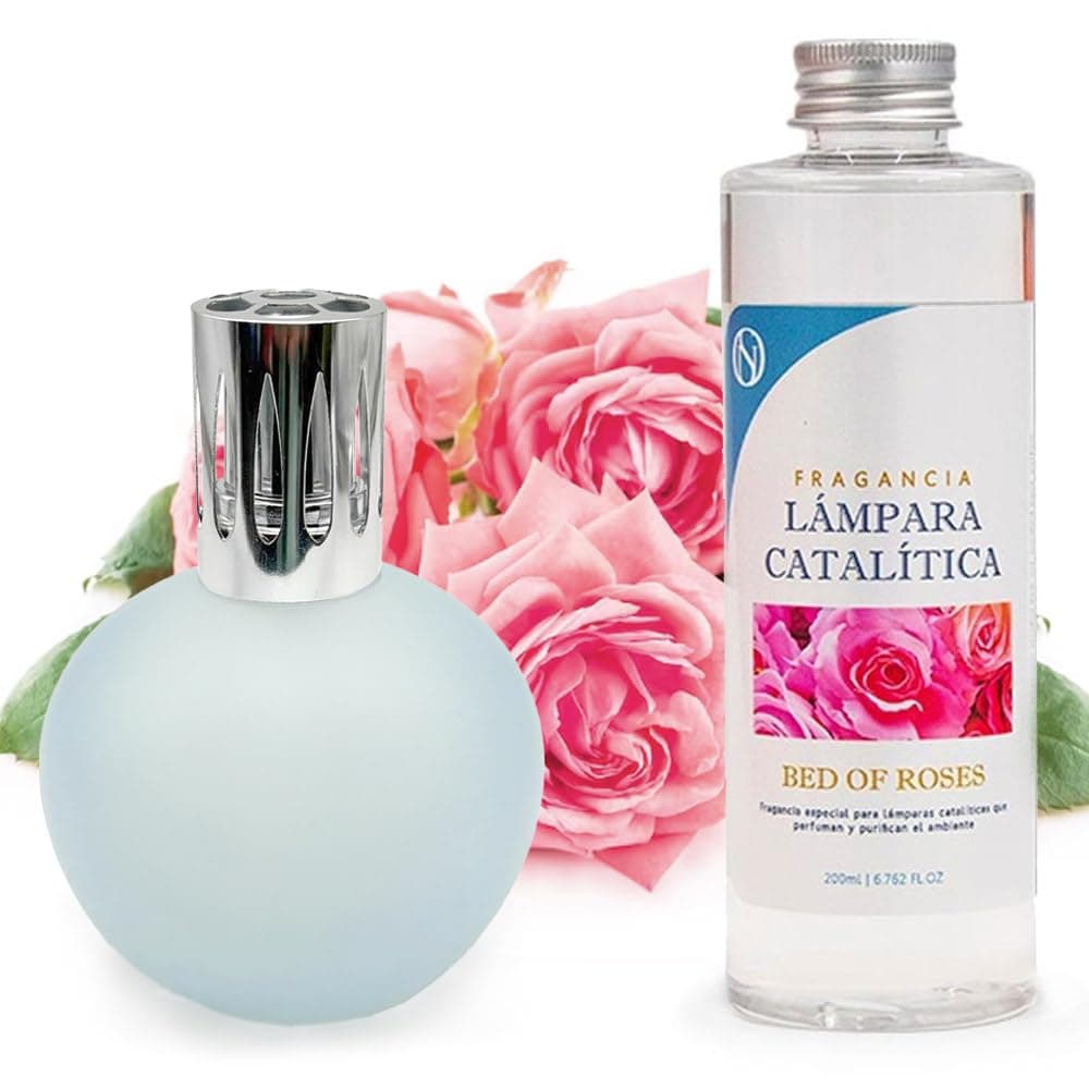 Lámpara Catalítica Azul Grisáceo Mate + Aroma Bed Of Roses 200ml - Elimina Malos Olores, Impurezas Y Perfuma