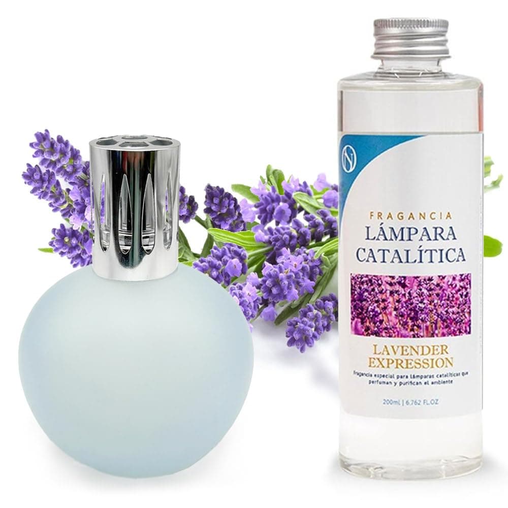 Lámpara Catalítica Azul Grisáceo Mate + Aroma Lavender Expression 200ml - Elimina Malos Olores, Impurezas Y Perfuma