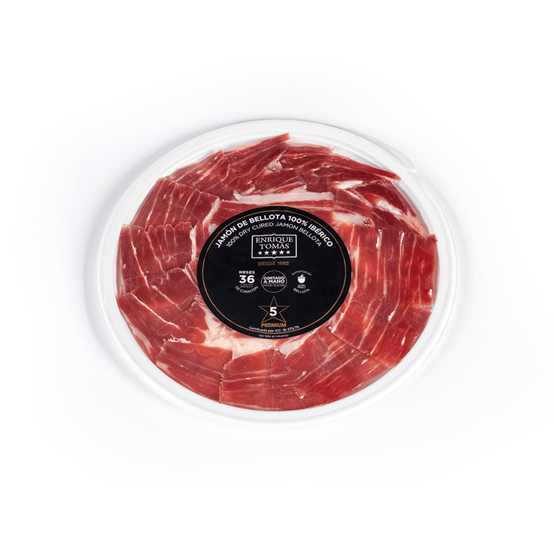 Plato de Jamón de Bellota 100% Ibérico – 80 g | Cortado a Mano | 36 Meses de Curación