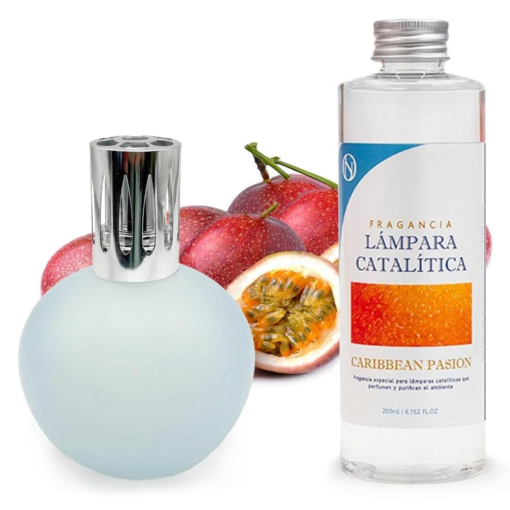 Lámpara Catalítica Azul Grisáceo Mate + Aroma Caribbean Passion 200ml - Elimina Malos Olores, Impurezas Y `perfuma