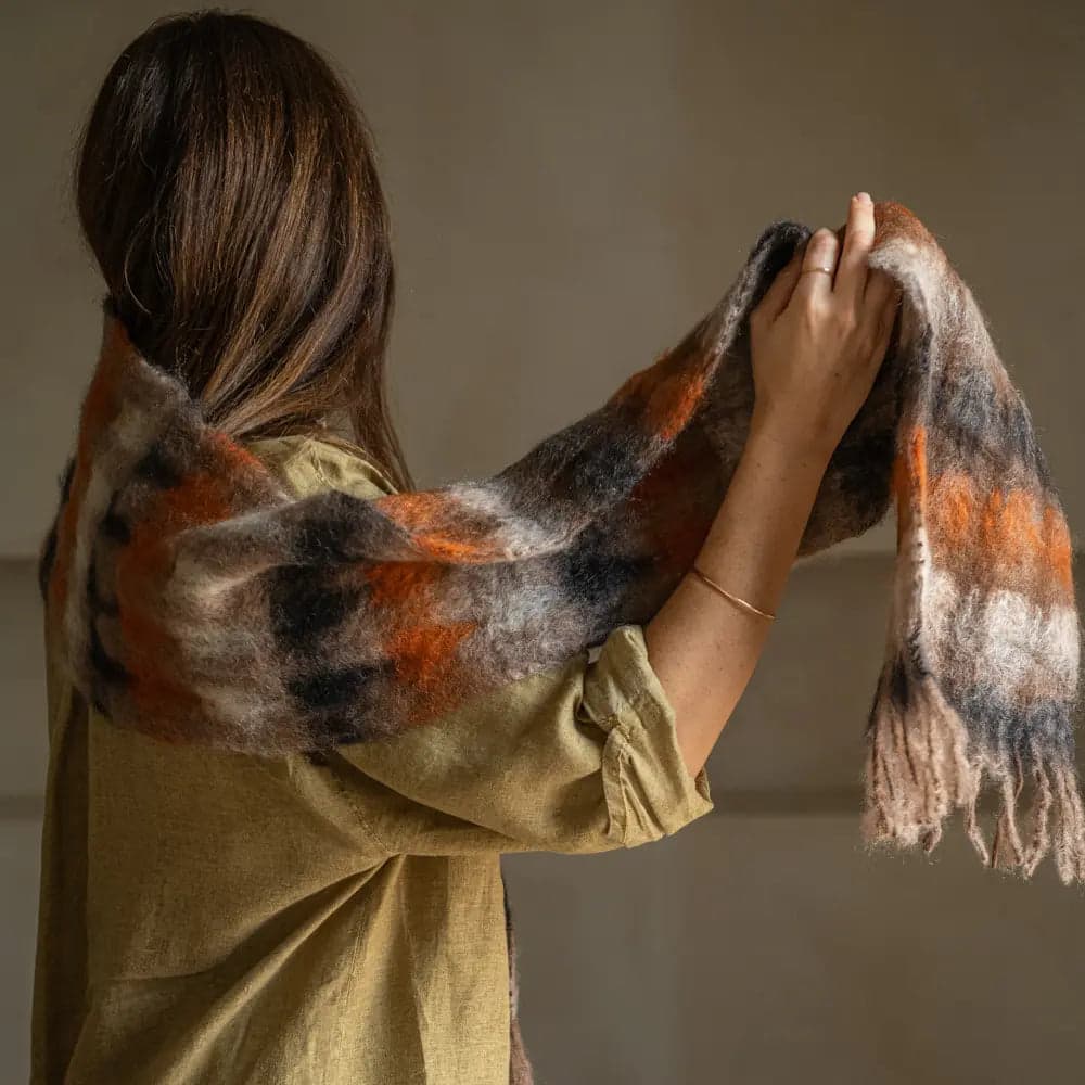 Foulard Mohair Cuadros Gris Marrón Naranja
