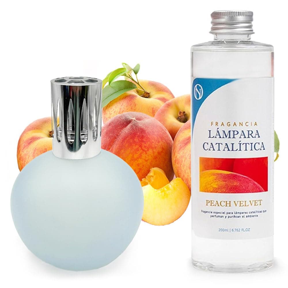 Lámpara Catalítica Azul Grisáceo Mate + Aroma Peach Velvet 200ml - Elimina Malos Olores, Impurezas Y Perfuma